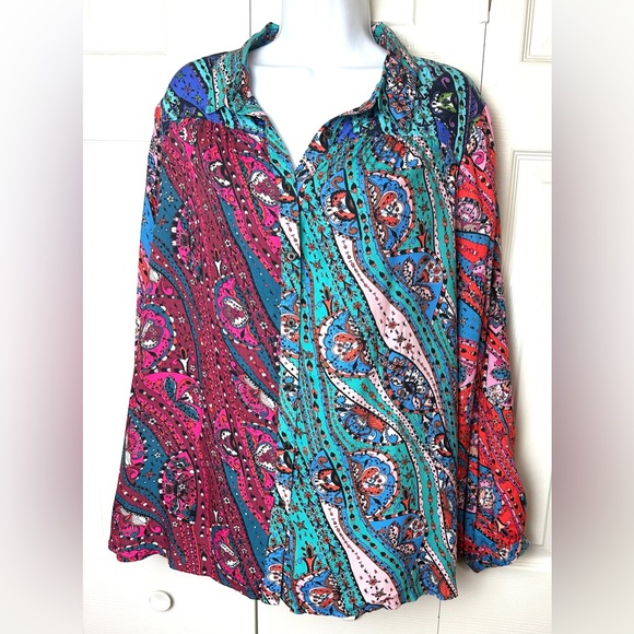 New Anthro MAEVE The Paz Blouse Patchwork Paisley Shirt Top Colorful Floral Pink - Picture 2 of 16